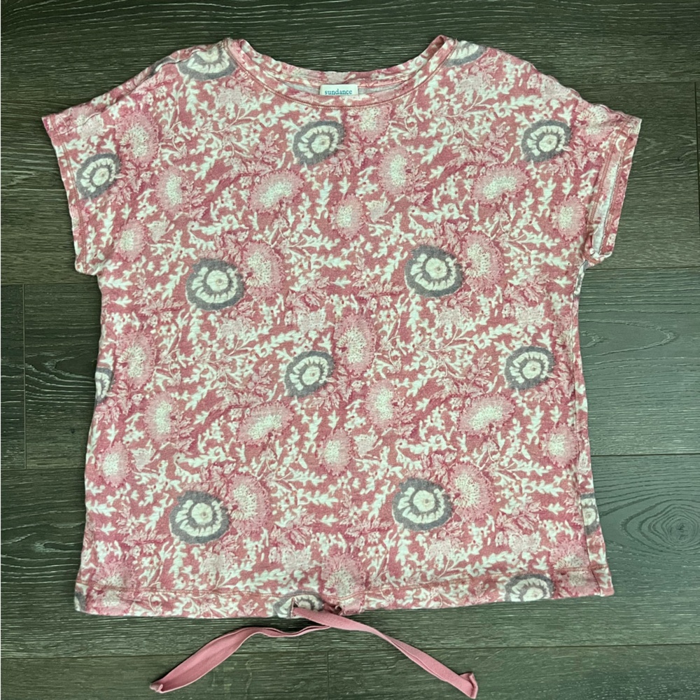 Sundance 100% Linen Sophia Top Floral Pink Sz Medium Tie Front Boho Cottagecore